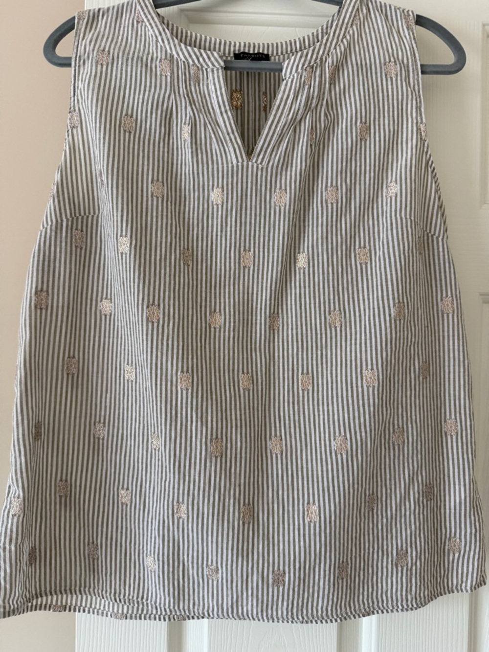 Talbots Beige and Sage Striped Sleeveless Tank with Metallic Embroidery